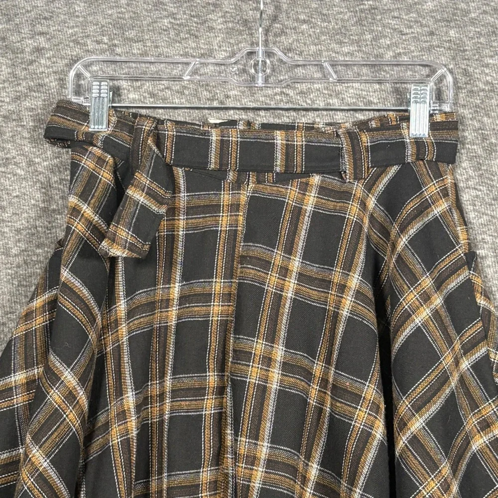 ROMWE Brown Plaid Belted Skater Mini Skirt Womens Size M US 6 High Waisted